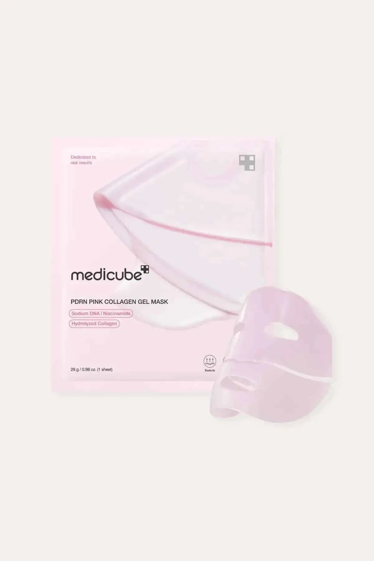 Pink jelly sheet of the Medicube mask displayed next to the package, designed as an effective overnight collagen treatment.