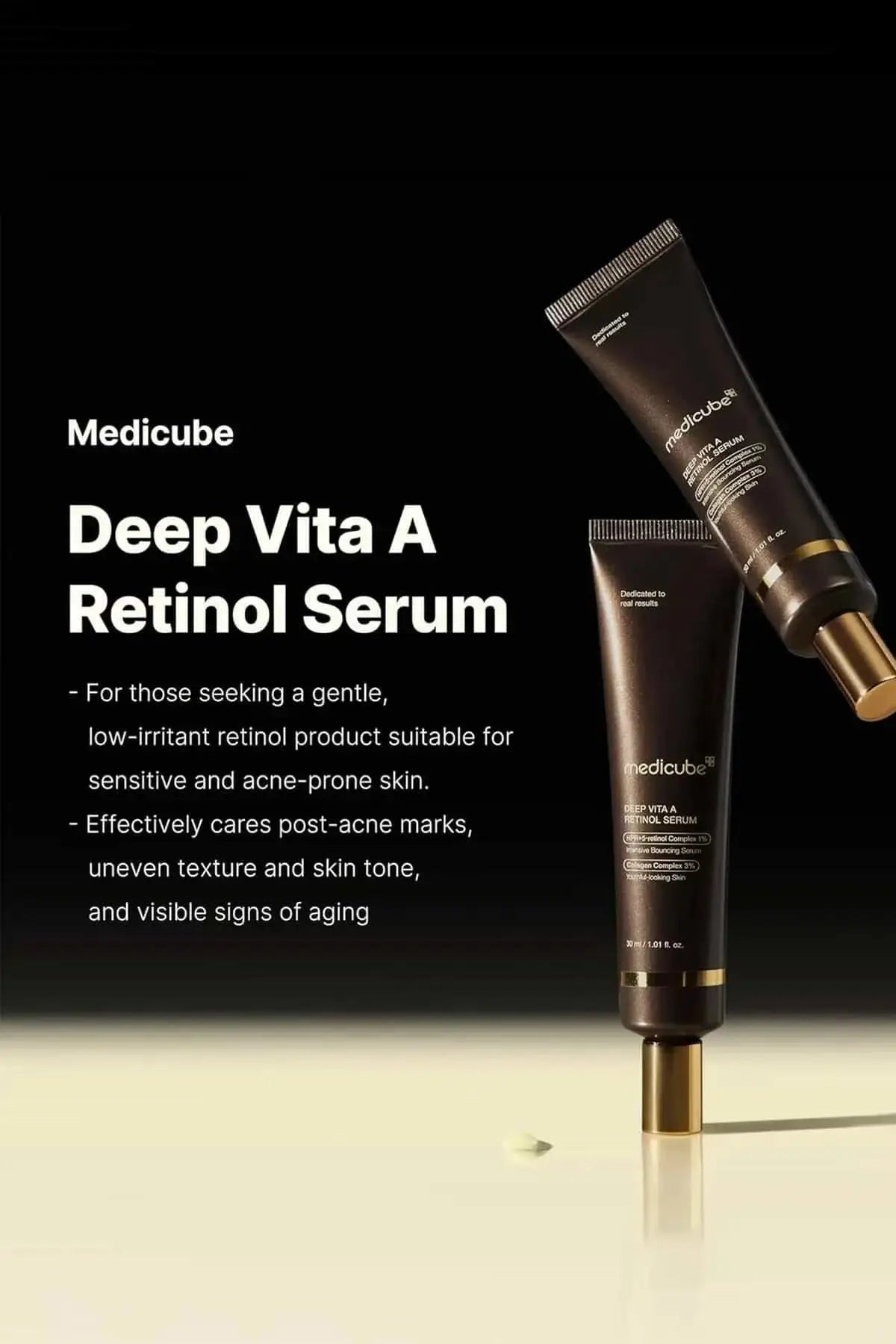 Medicube Deep Vita A Retinol Serum displayed with its box, highlighting its gentle formula for post-acne marks and uneven texture.