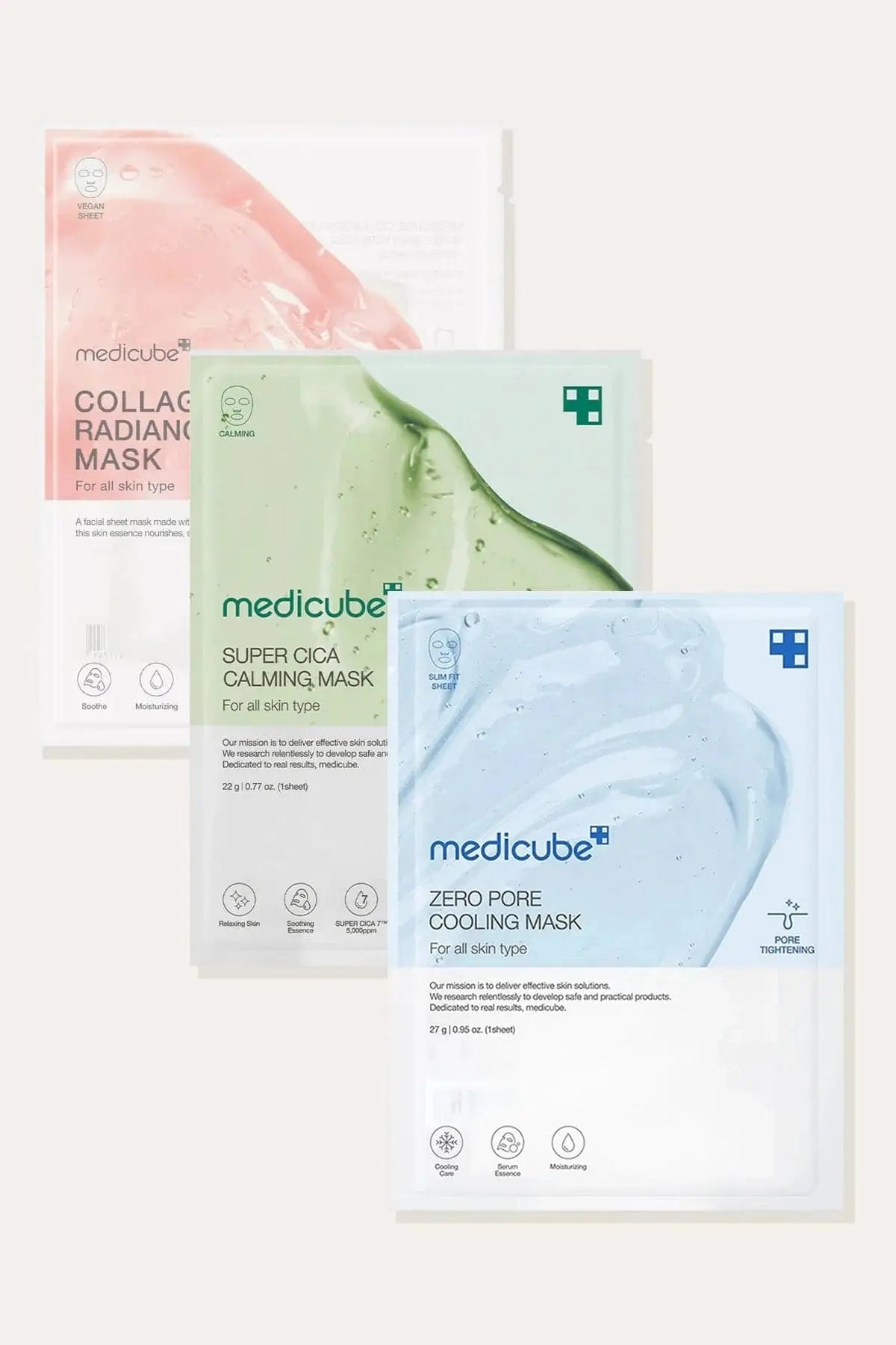 Set of three Medicube sheet masks: Collagen Lifting, Super Cica Calming, and Zero Pore Cooling.