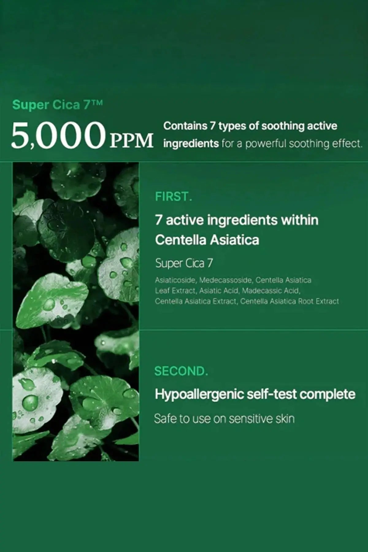 Infographic explaining the 5,000 PPM Super Cica 7 active ingredients for powerful soothing.