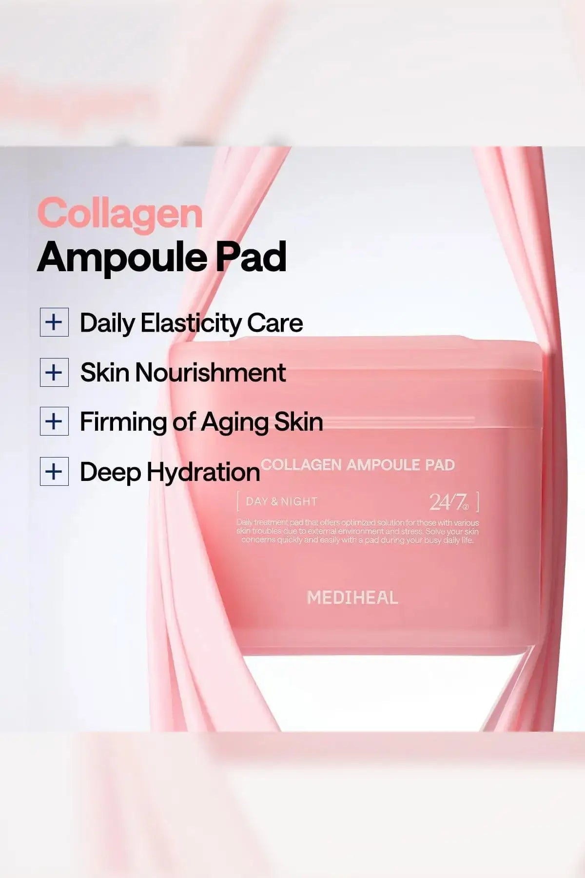 Infographic for Mediheal Collagen Ampoule Pad highlighting its use for Daily Collagen Mask care, skin nourishment, and deep hydration.
