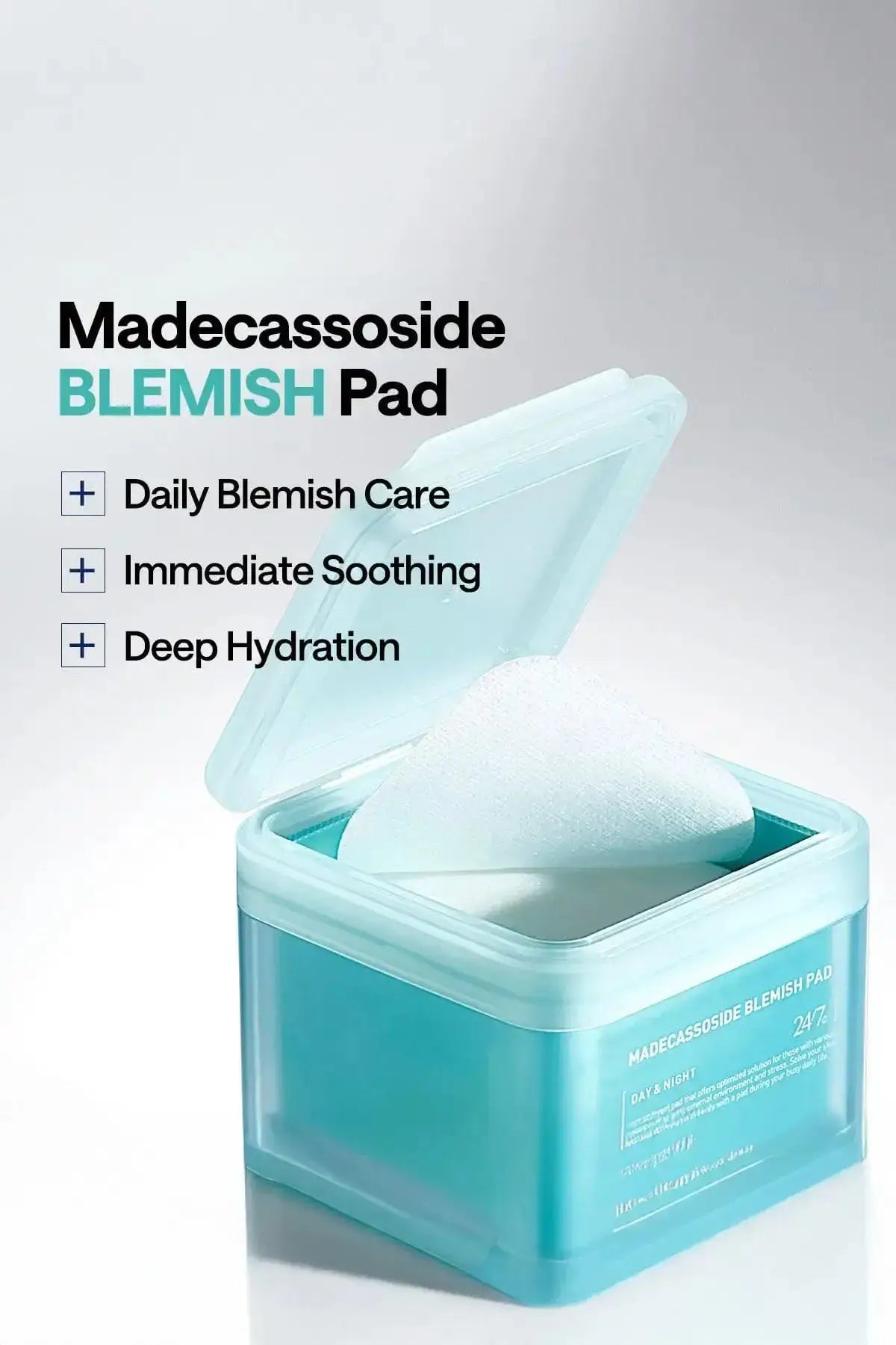 Instructions for the hygienic built-in tweezers and the sustainable refillable tub design for the Madecassoside Blemish Pads.