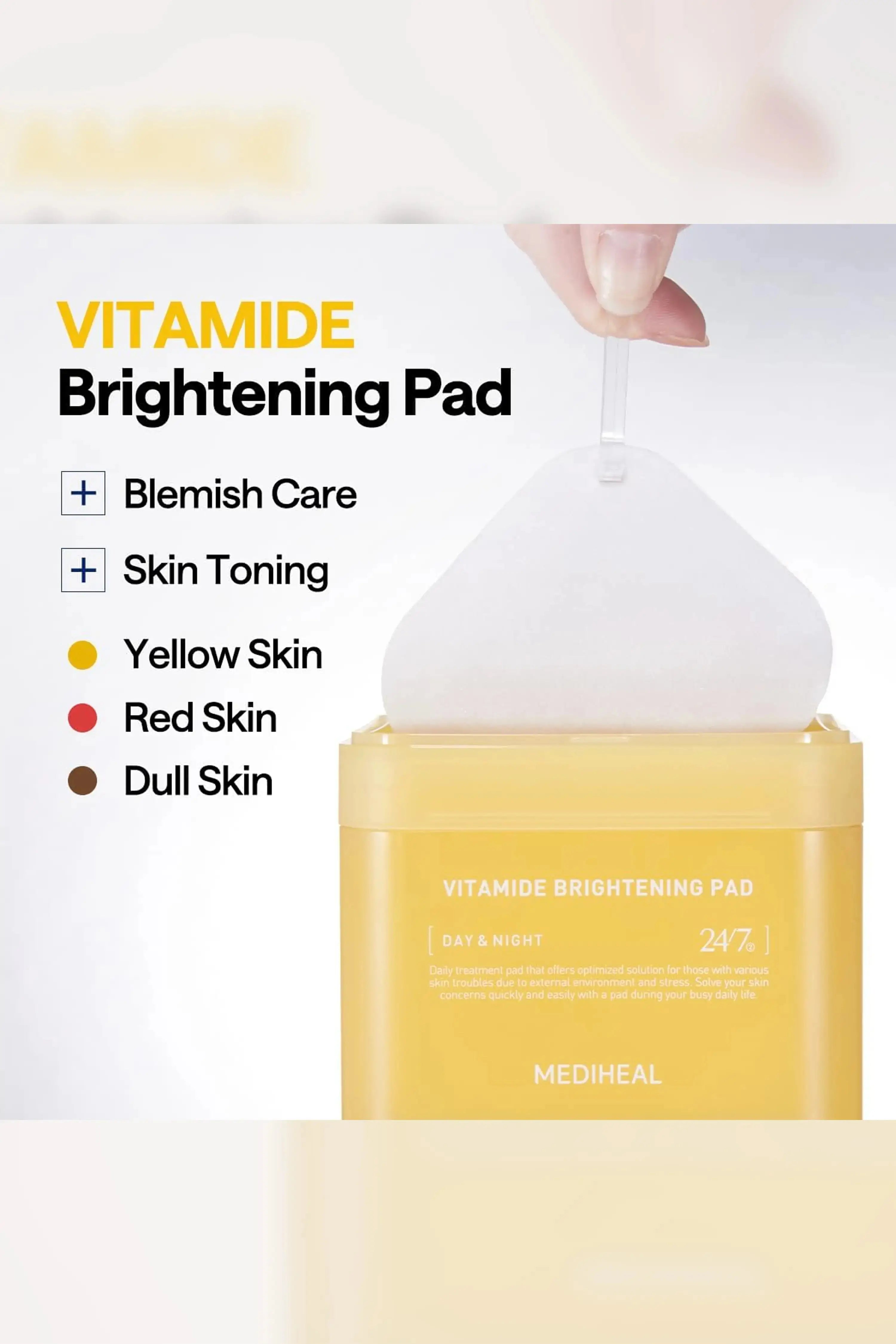 Infographic for Mediheal Vitamide Brightening Pad highlighting blemish care and skin toning, the perfect toner pads for yellow, red, or dull skin.
