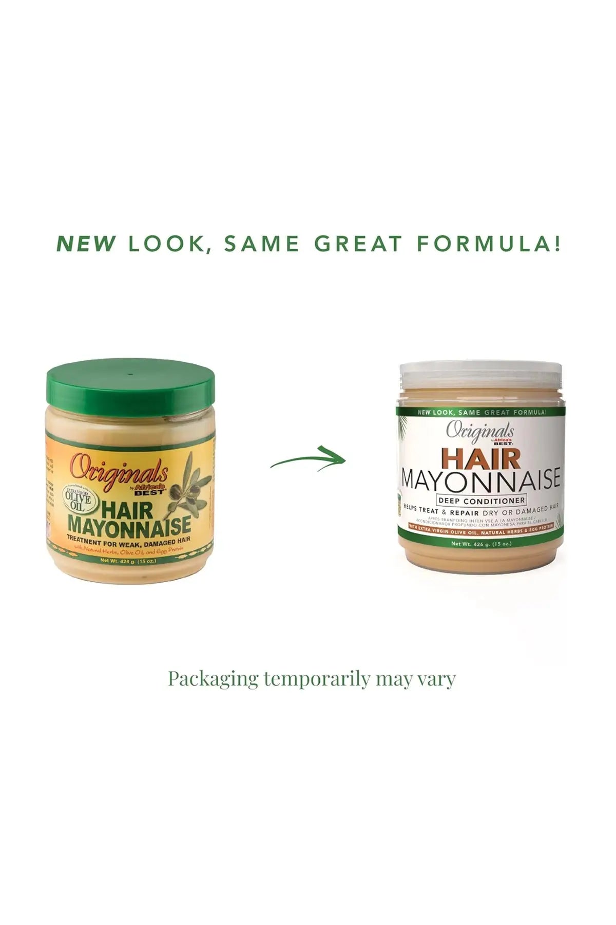 Originals Hair Mayonnaise Deep Conditioner Packaging Comparison - New Look Same Great Formula, Old vs New Design with Extra Virgin Olive Oil and Natural Herbs