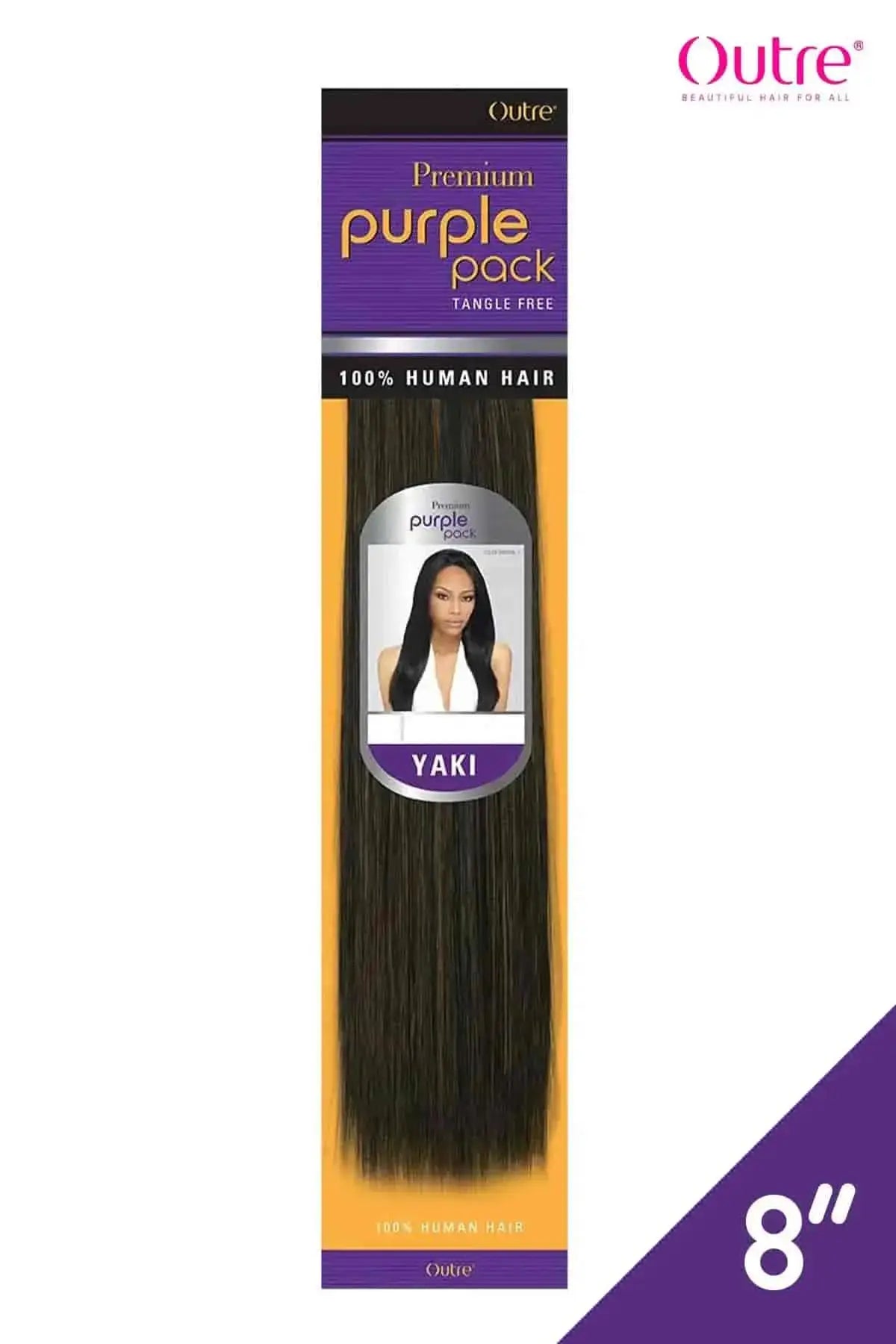 Outre Premium Purple Pack Yaki 100% Human Hair Weave packaging 8 inch length with straight relaxed texture