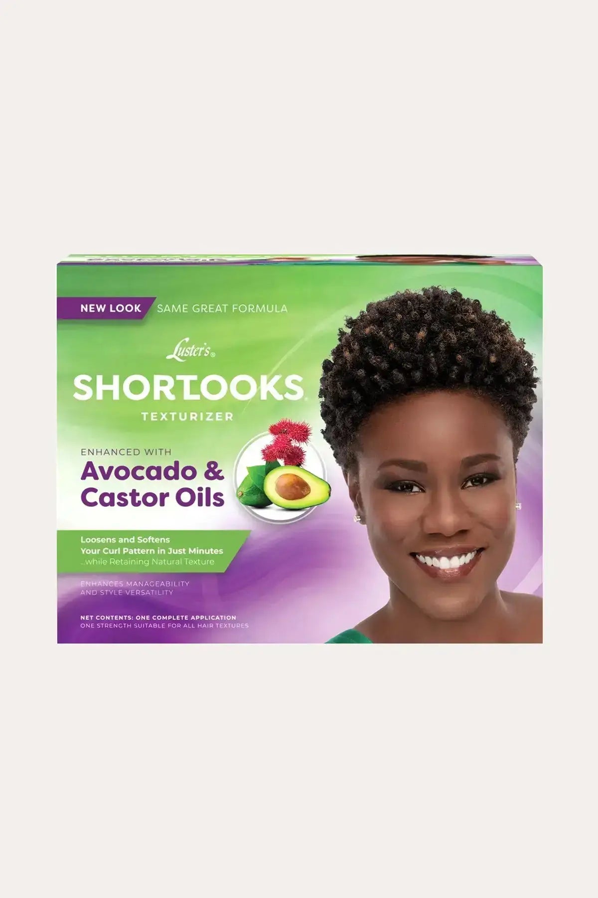 Back of the Luster's Pink box highlighting benefits: loosens curl patterns and improves manageability for easily tangled hair using a specialized Texturizer for Natural Hair formula.