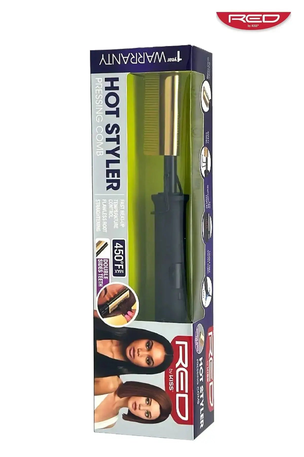 Red by Kiss Hot Styler Pressing Comb retail box packaging – Hot Comb for Wigs and natural hair, 450°F max heat, double sides teeth, 1-year warranty, available in Canada