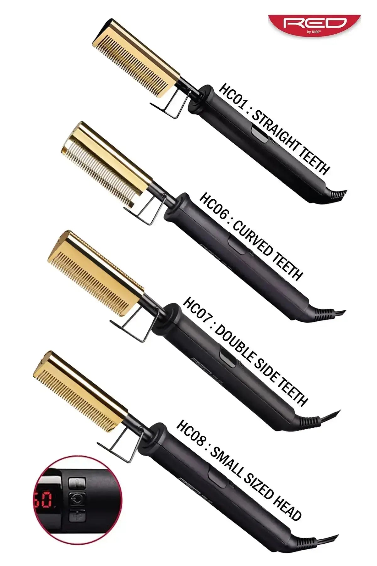 Red by Kiss Hot Styler Pressing Comb lineup showing HC01 Straight Teeth, HC06 Curved Teeth, HC07 Double Side Teeth, and HC08 Small Sized Head – Best Pressing Comb for 4C Hair with gold titanium comb and LED temperature display, available in Canada