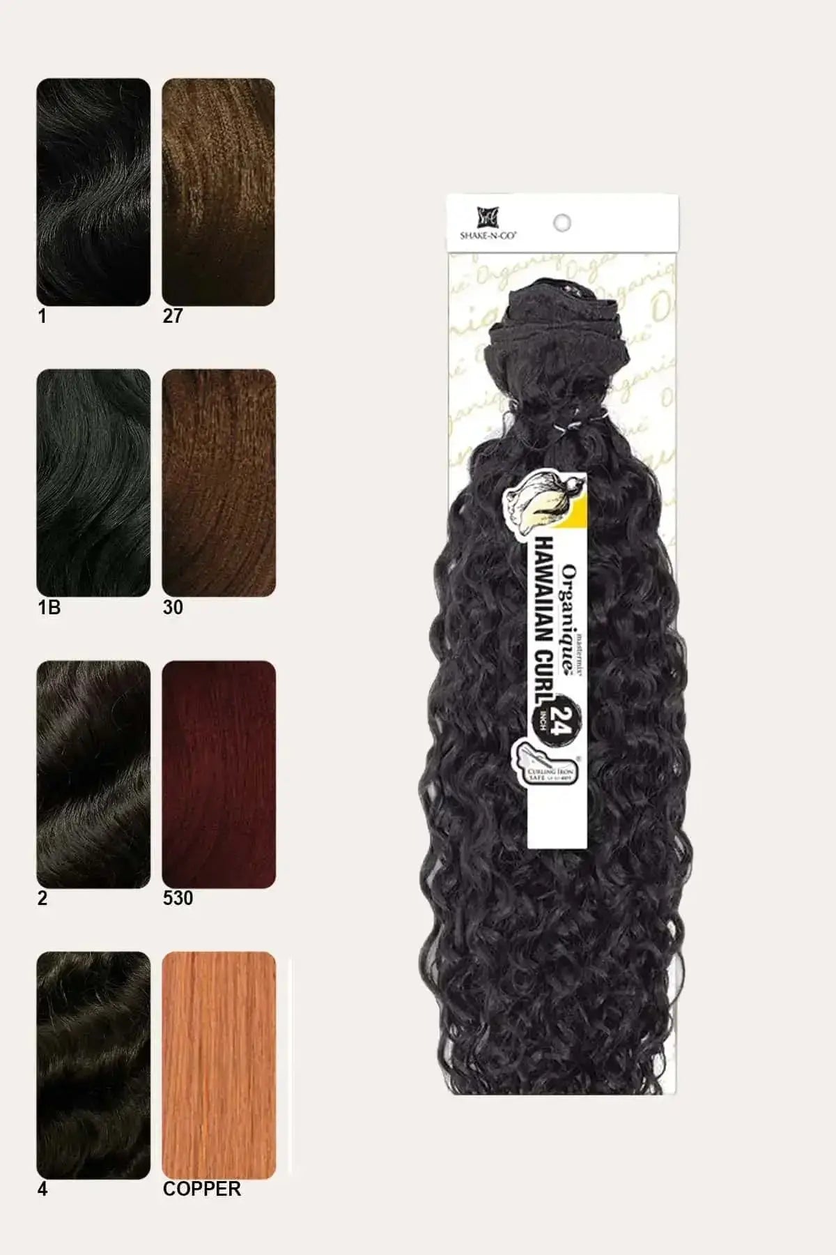 Color chart and packaging for Organique Hawaiian Curl 24 inch showing Mastermix synthetic fibers in colors like Copper and 530.
