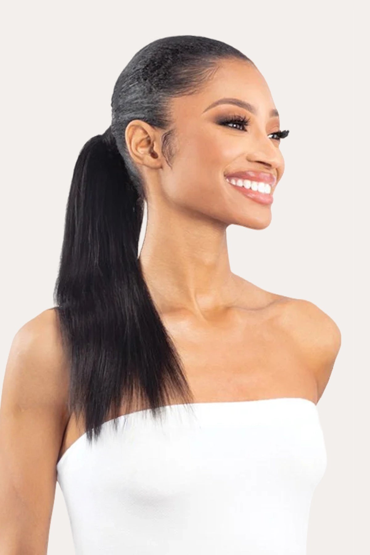 The retail packaging of Shake-N-Go Secret Pocket Pony Pro, featuring 100% human hair ponytail hair extensions in a sleek 18-inch straight style.