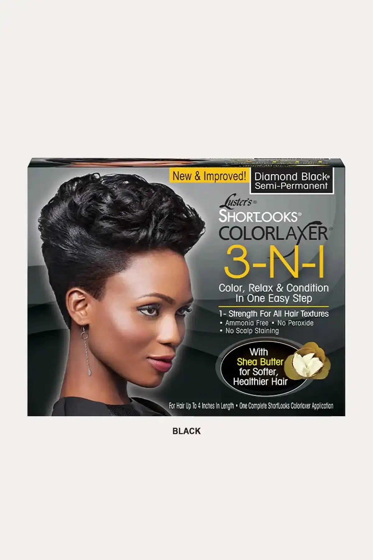 Diamond Black Short Hair Relaxer and Color system by Luster's Shortlooks, featuring a triple conditioning formula with Shea Butter.
