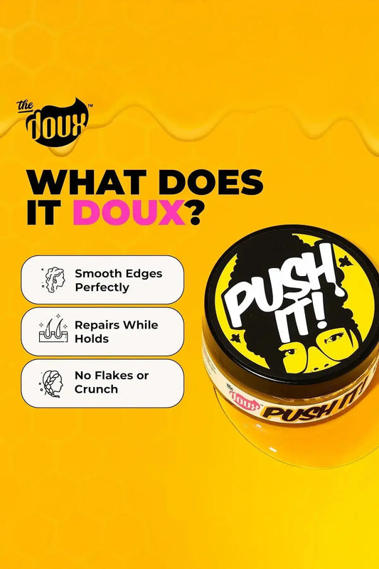 The Doux Push It! Super-Charged Honey Braid & Edge Gel - Lifestyle Image with Gold Jewelry and Accessories, Smooth Edges Perfectly, Repairs While Holds, No Flakes or Crunch