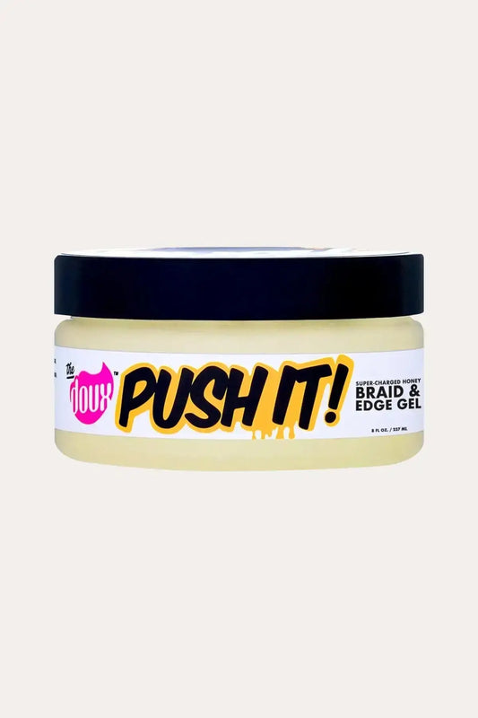 The Doux Push It! Edge Gel - What Does It Doux? Smooth Edges Perfectly, Repairs While Holds, No Flakes or Crunch, Super-Charged Honey Braid & Edge Gel Benefits on Yellow Background