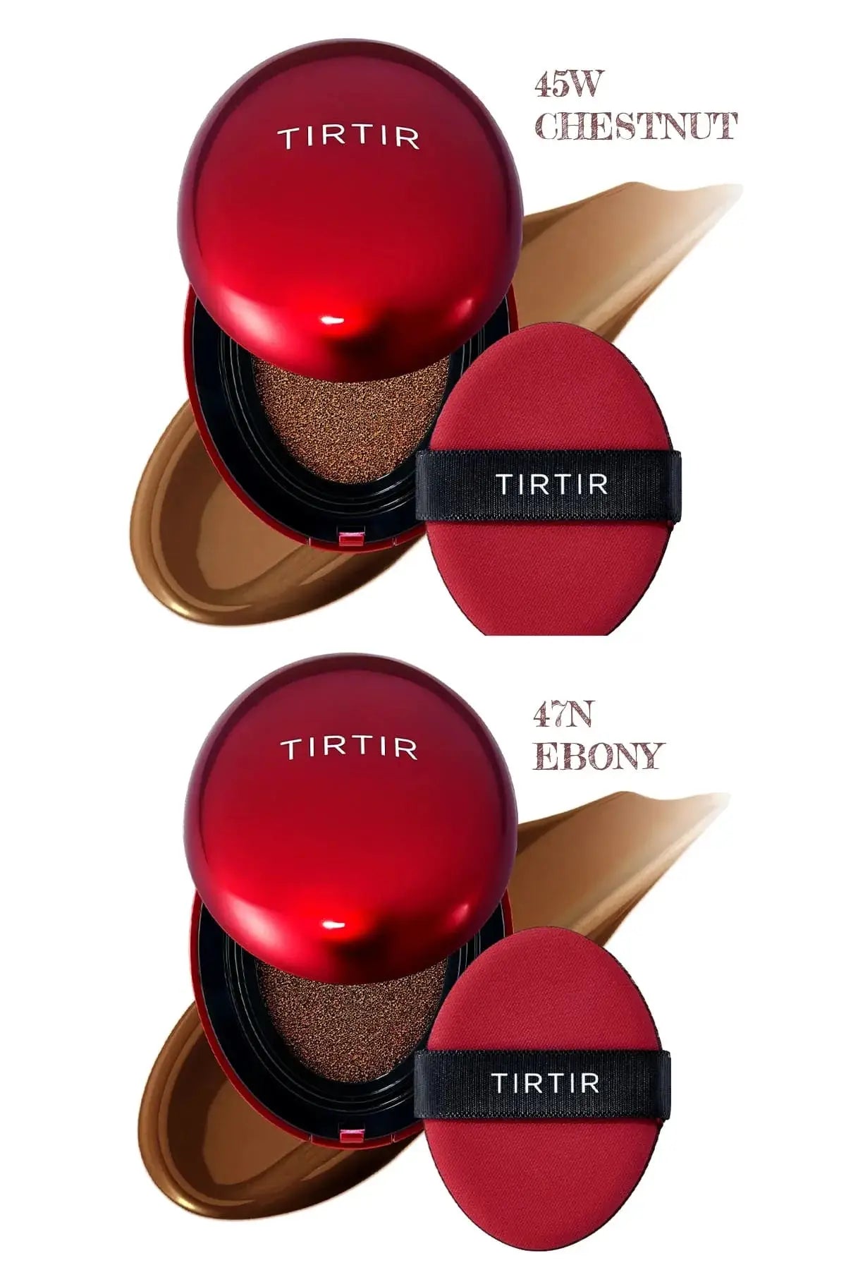 Darkest shades 45W Chestnut and 47N Ebony of the TIRTIR Cushion full coverage foundation line.