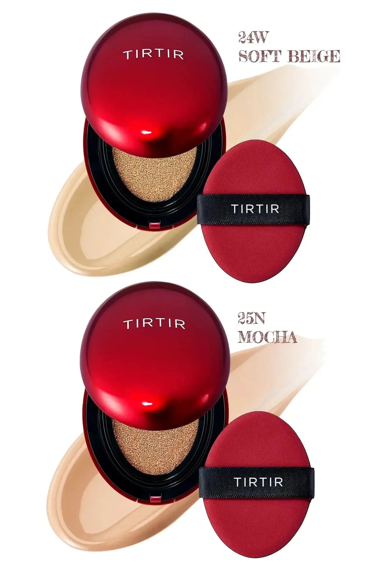 TIRTIR Cushion foundation in tan shades 24W Soft Beige and 25N Mocha for full coverage.