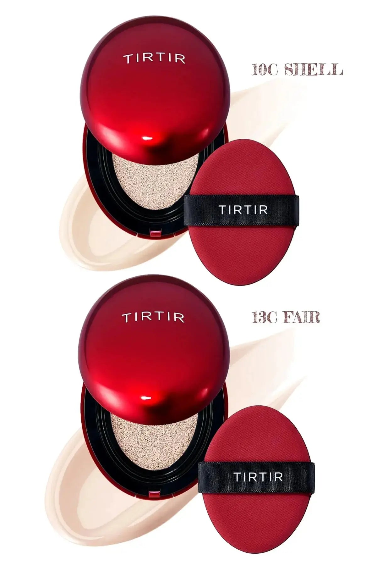 Open compacts of TIRTIR Cushion in shades 10C Shell and 13C Fair full coverage cushion foundation.