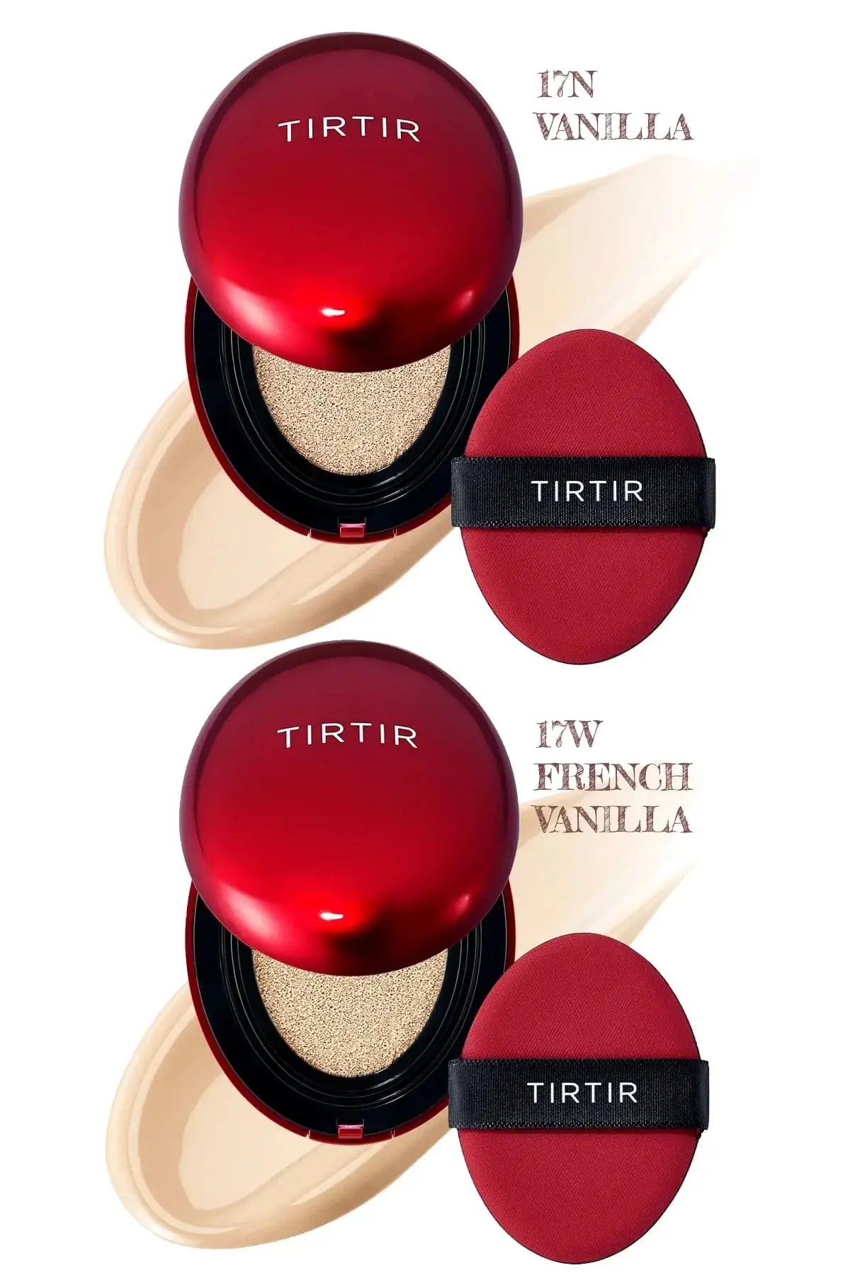 TIRTIR Cushion foundation compacts in shades 17N Vanilla and 17W French Vanilla.