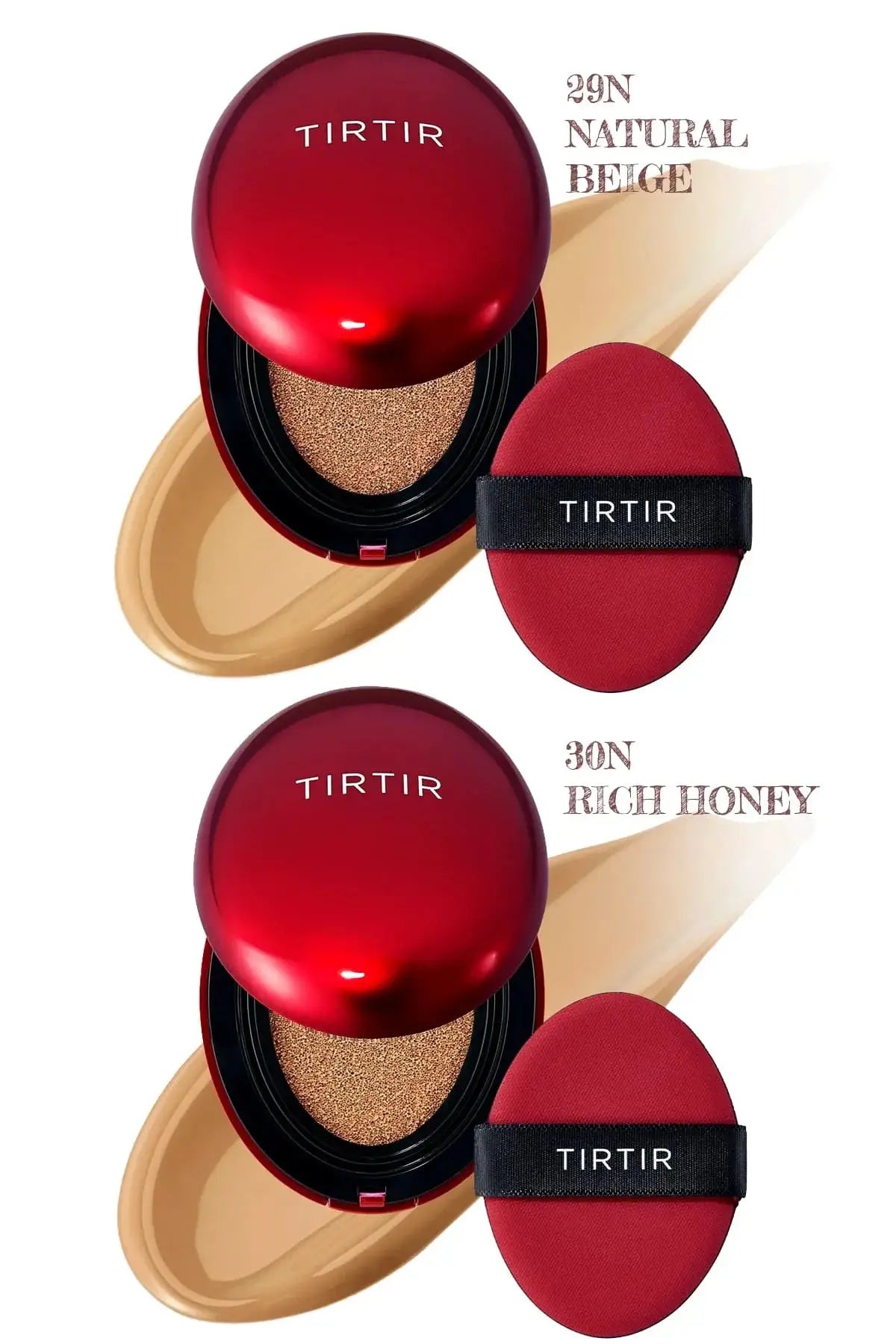 Medium deep shades 29N Natural Beige and 30N Rich Honey of TIRTIR Cushion foundation.