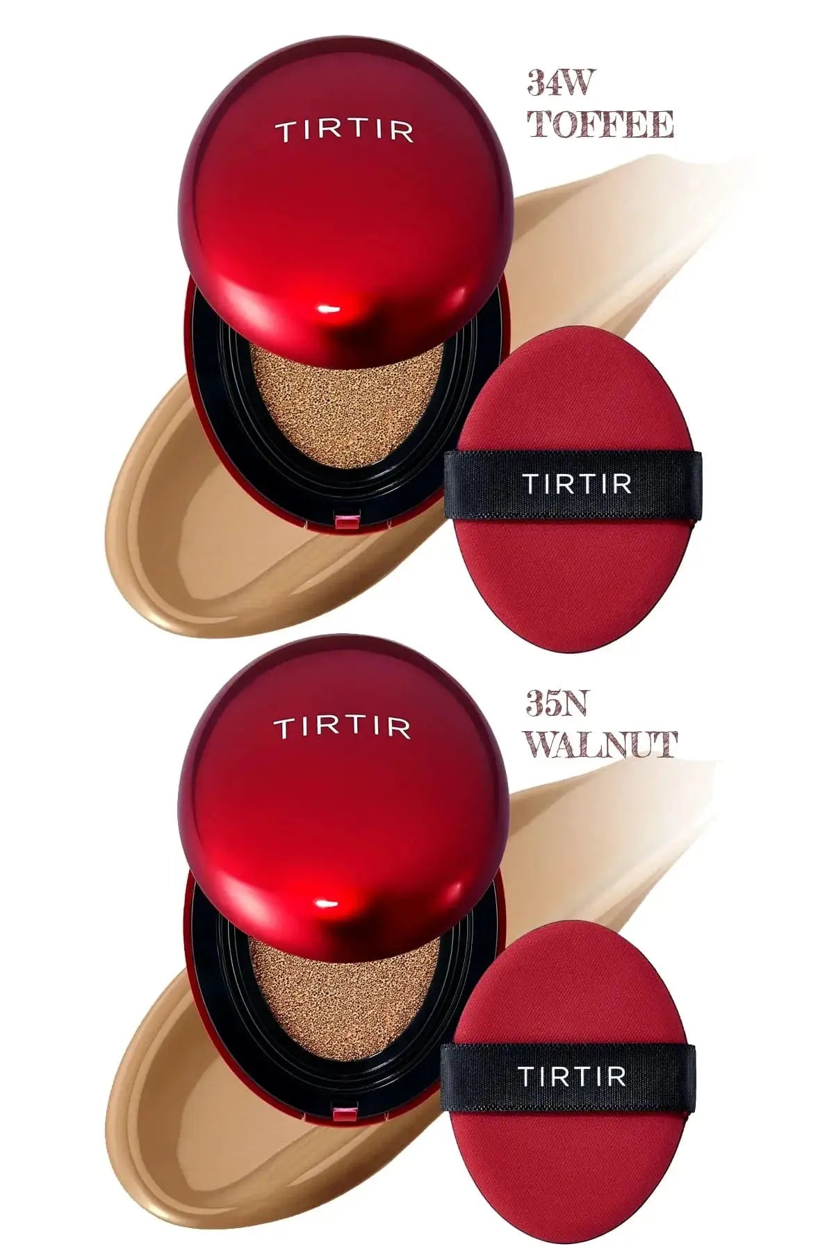 Deep shades 34W Toffee and 35N Walnut from the TIRTIR Cushion foundation range.