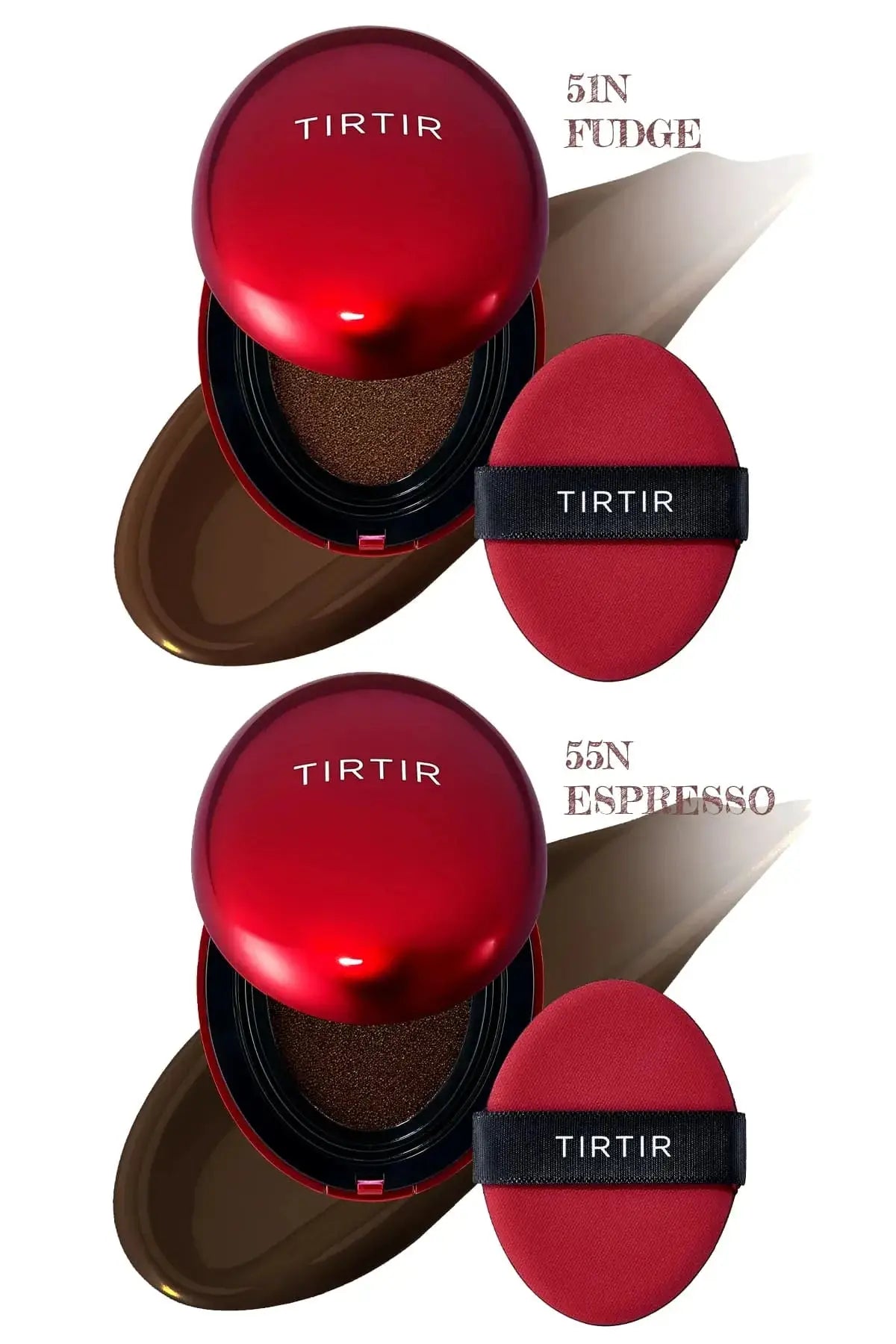 Deepest shades 51N Fudge and 55N Espresso of TIRTIR Cushion Full Coverage Cushion Foundation.