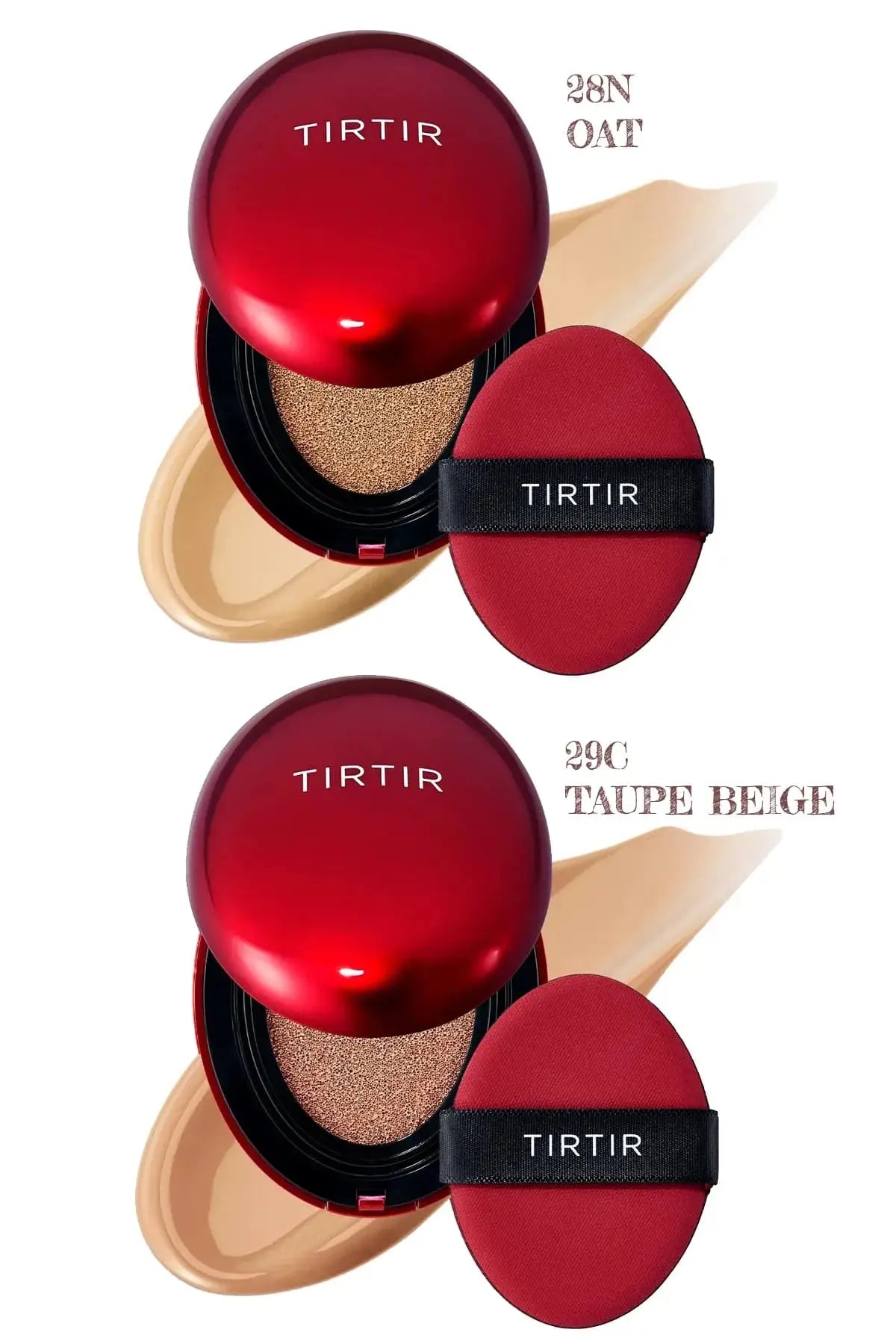 TIRTIR Full Coverage Cushion Foundation compacts in shades 28N Oat and 29C Taupe Beige.