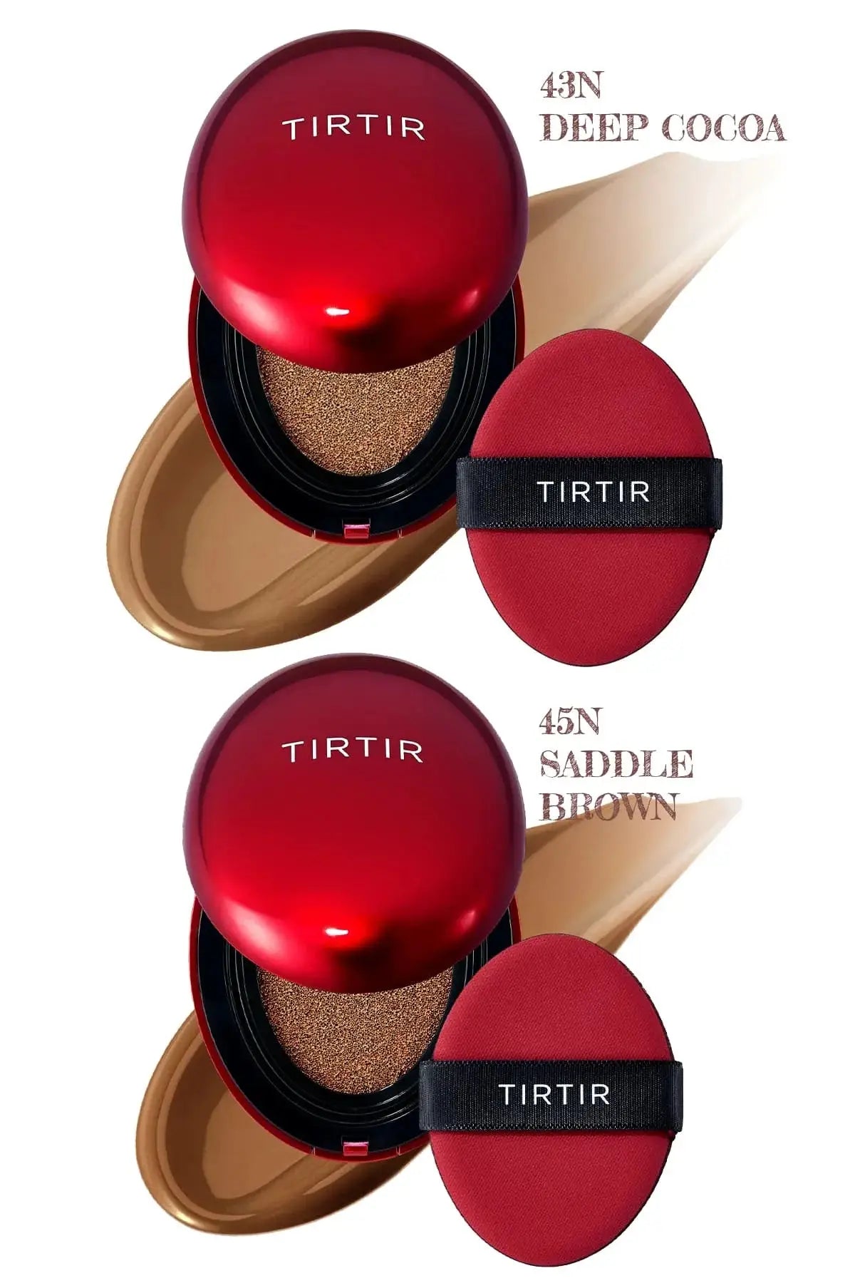 TIRTIR Full Coverage Cushion Foundation in deep shades 43N Deep Cocoa and 45N Saddle Brown.