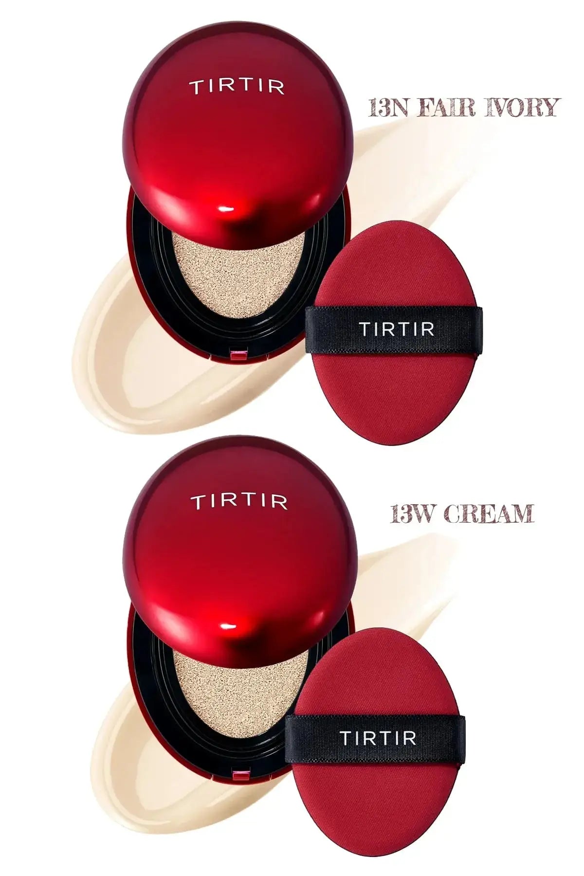 TIRTIR Cushion shades 13N Fair Ivory and 13W Cream showing texture and sponge.
