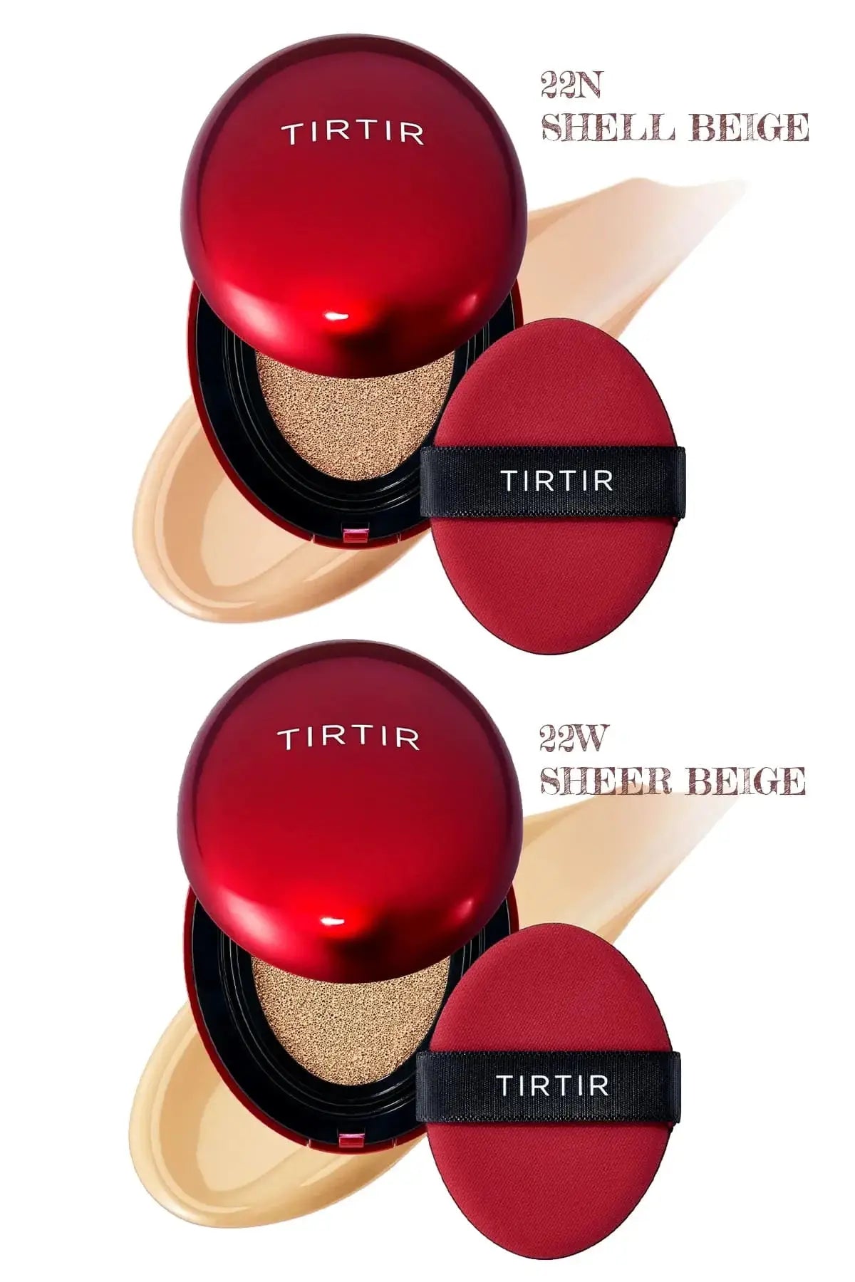 TIRTIR Full Coverage Cushion Foundation shades 22N Shell Beige and 22W Sheer Beige.