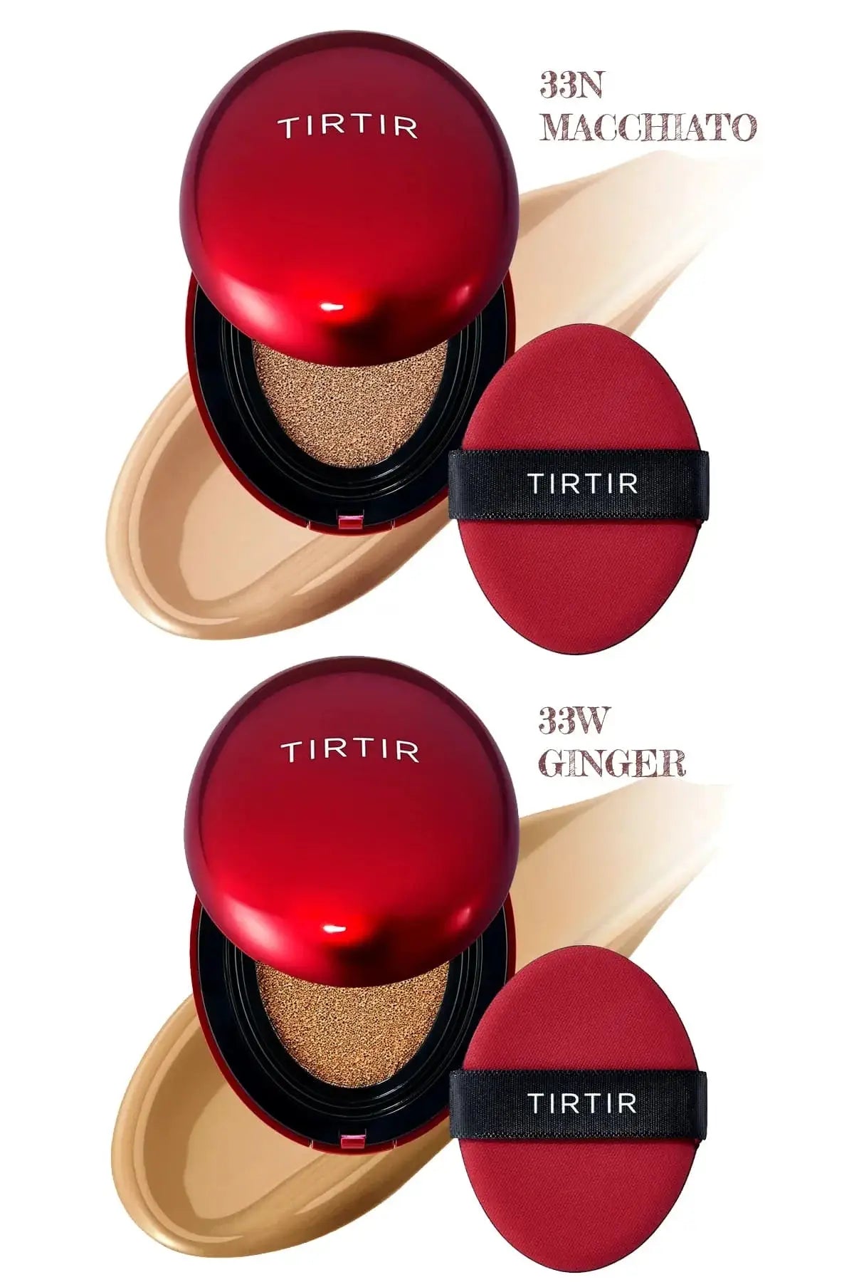 TIRTIR Mask Fit Cushion in shades 33N Macchiato and 33W Ginger providing full coverage.