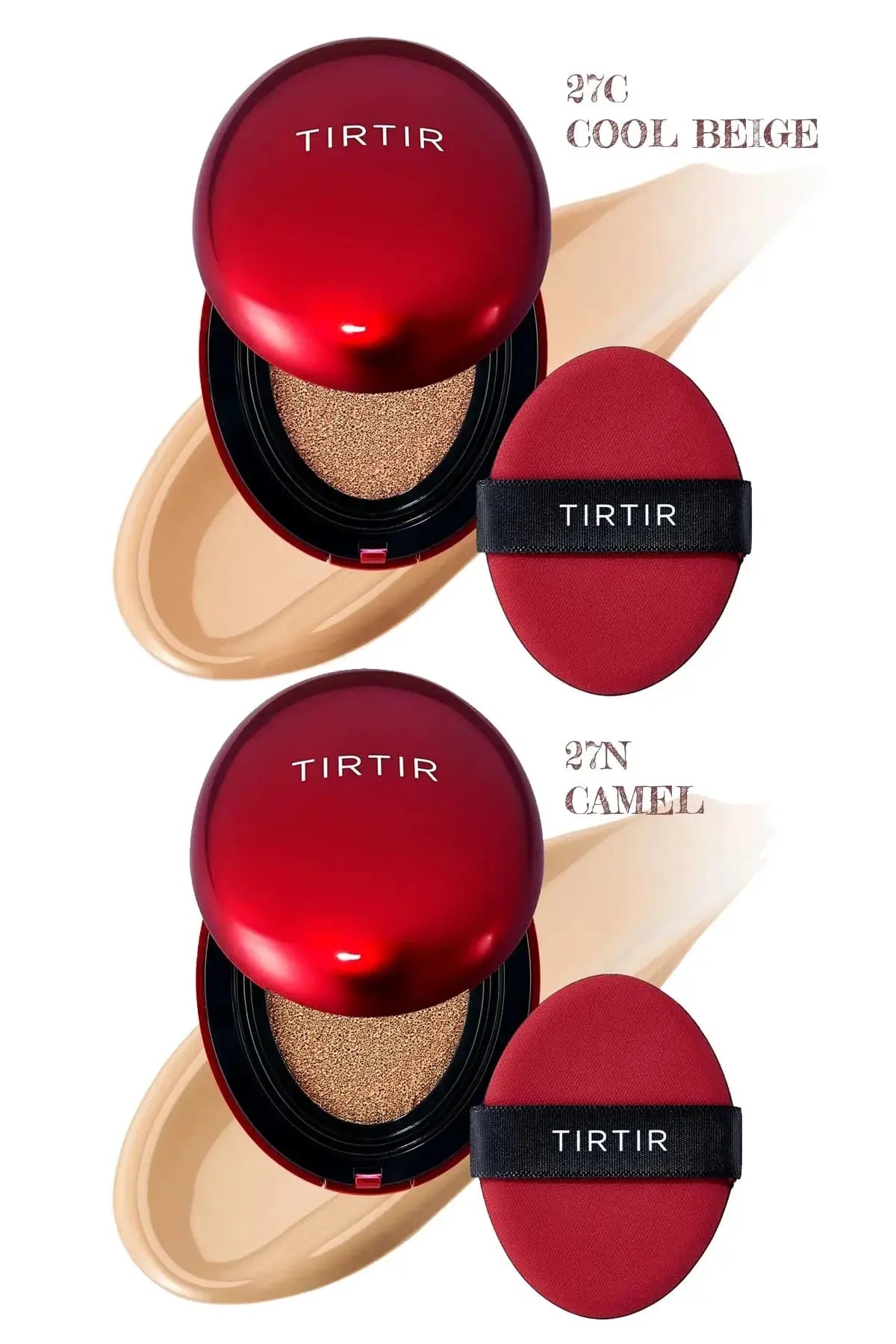 Swatches of TIRTIR Mask Fit Red Cushion shades 27C Cool Beige and 27N Camel full coverage foundation.