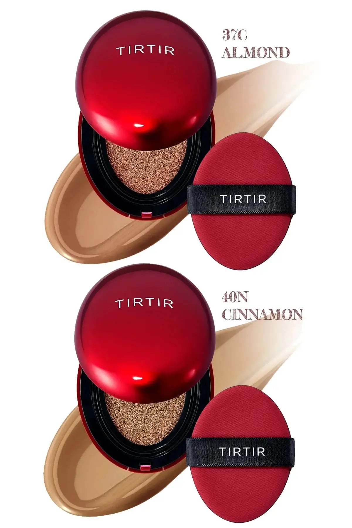 TIRTIR Mask Fit Red Cushion compacts showing shades 37C Almond and 40N Cinnamon.