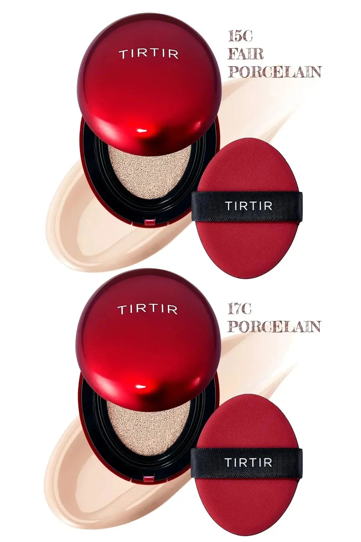 TIRTIR Full Coverage Cushion Foundation in bright shades 15C Fair Porcelain and 17C Porcelain.